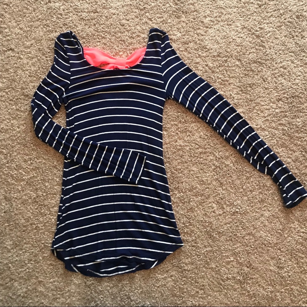 Blue & White Striped Shirt w/ Coral Bow In Back